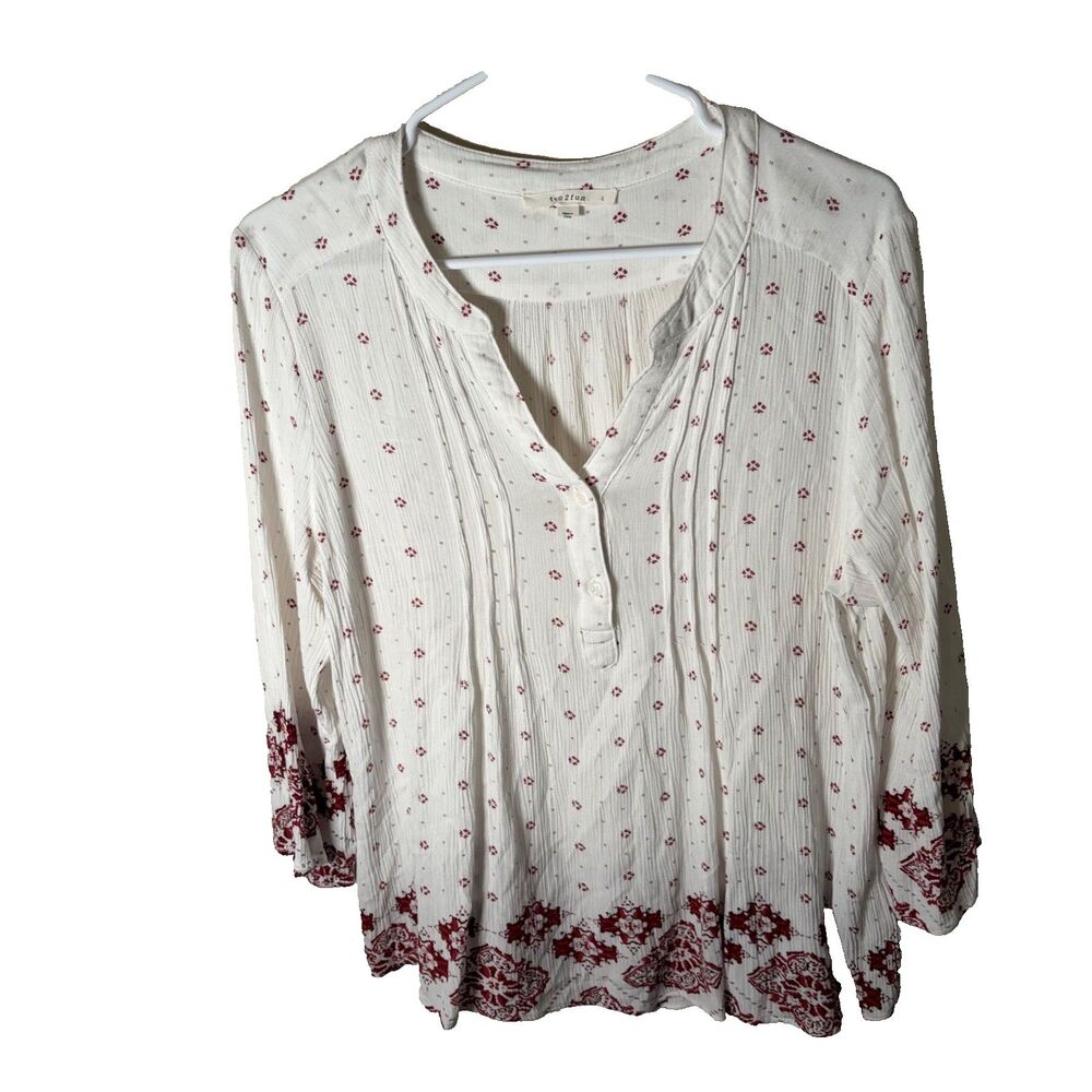 Fun2Fun Blouse Women's Large Lightweight V-Neck Pleated 3/4 Sleeve Top Boho